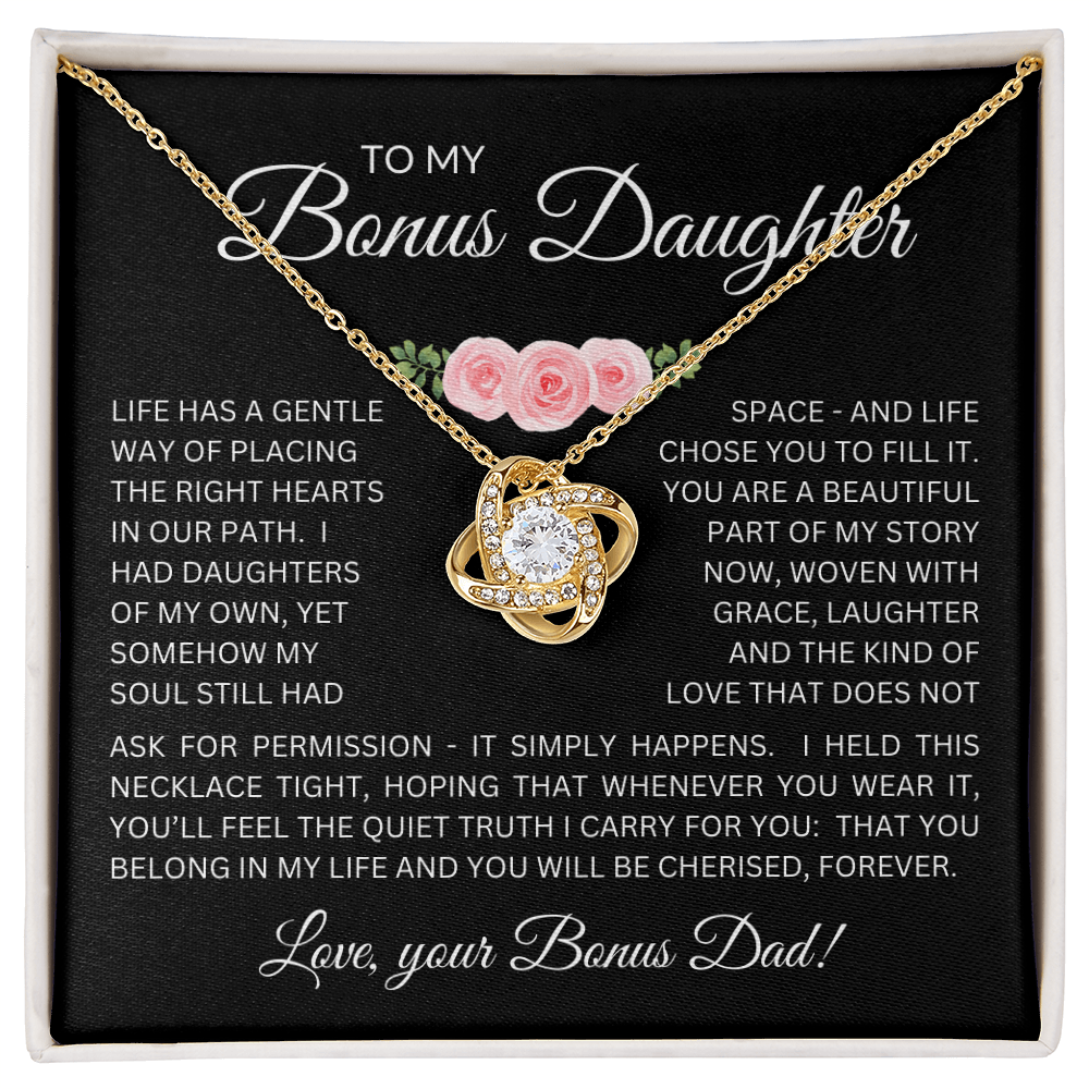 Bonus Daughter Love Knot Necklace from Bonus Dad – Poetic Message Card Gift for Stepdaughter