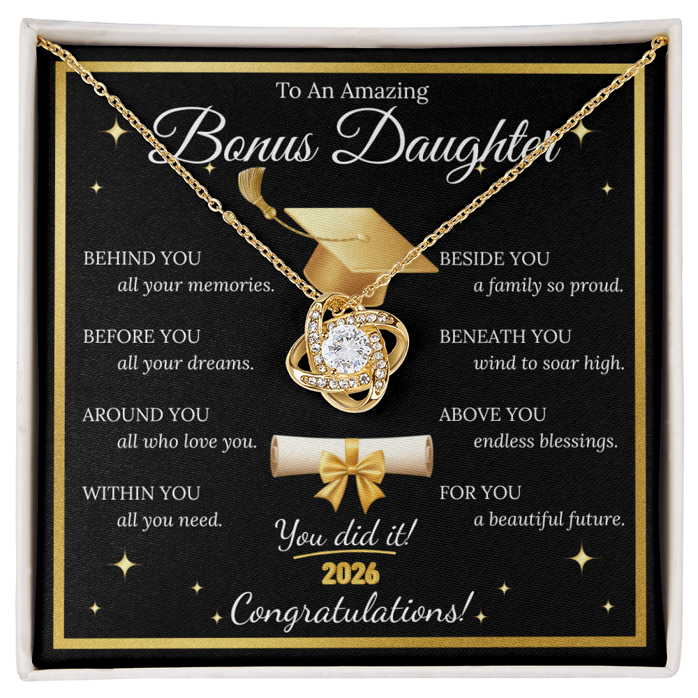 Graduation Gift for Bonus Daughter – Love Knot Necklace with Inspirational Message Card | Class of 2026