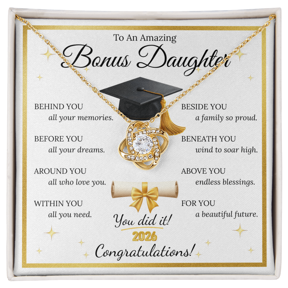 Graduation Gift for Bonus Daughter – Love Knot Necklace with Inspirational Message Card | Class of 2026