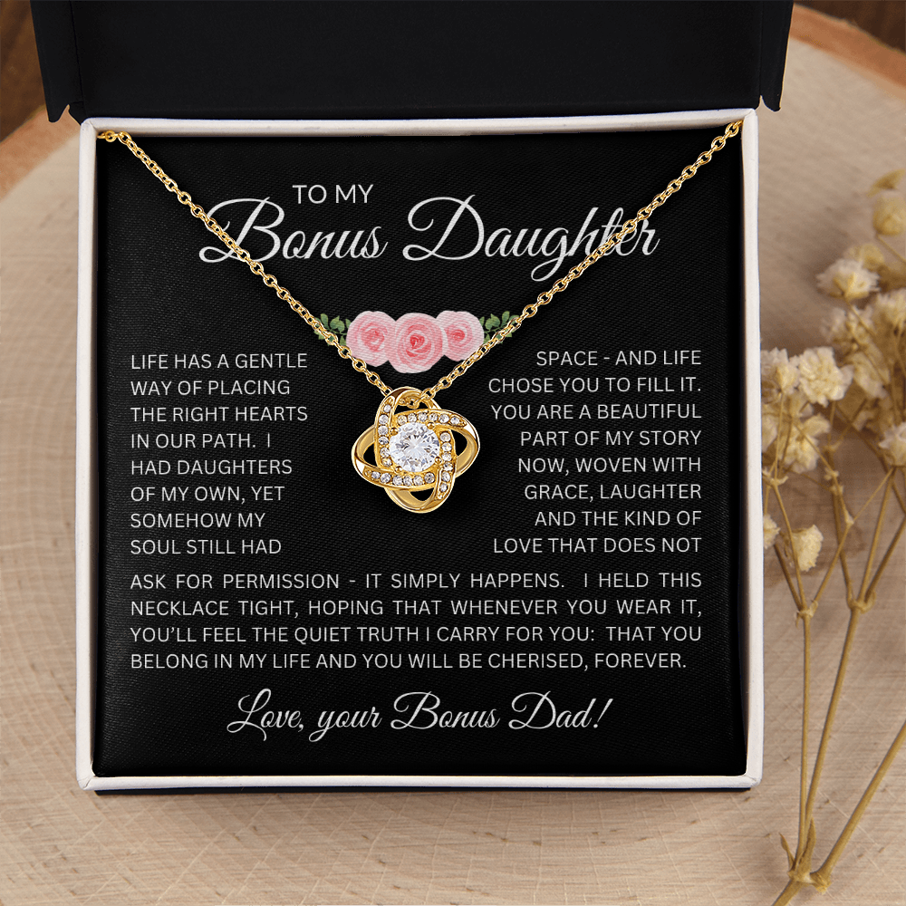 Bonus Daughter Love Knot Necklace from Bonus Dad – Poetic Message Card Gift for Stepdaughter