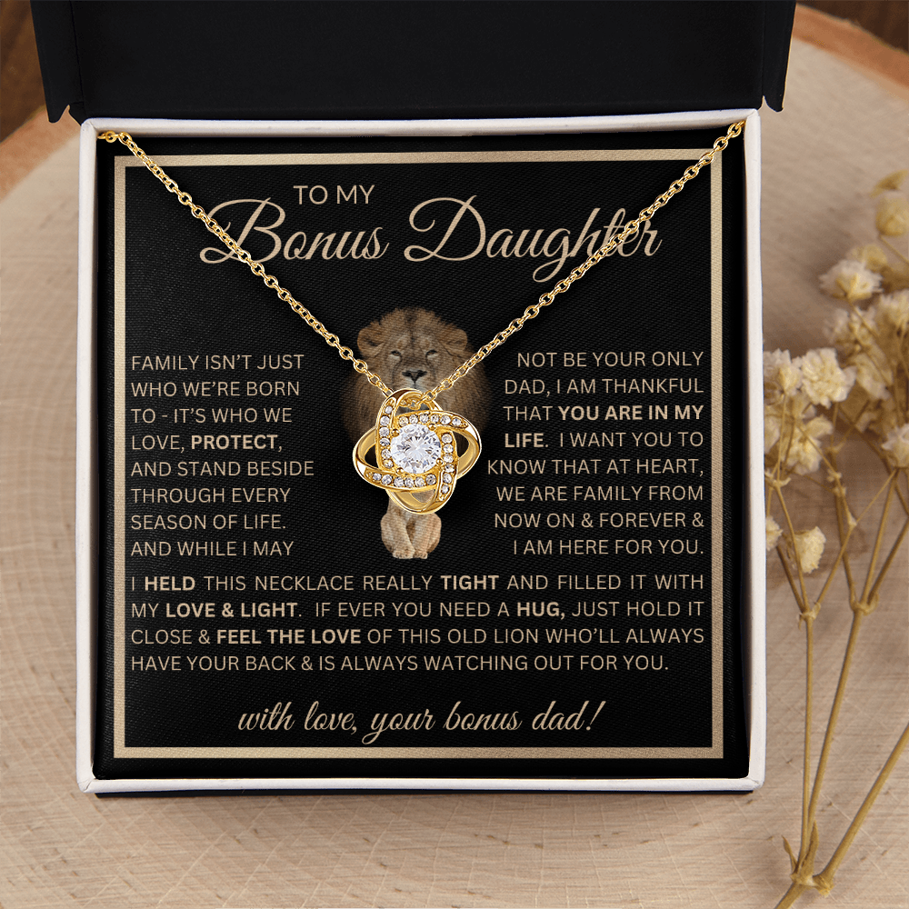 “To My Bonus Daughter” Love Knot Necklace Poetic Gift from Bonus Dad to Stepdaughter
