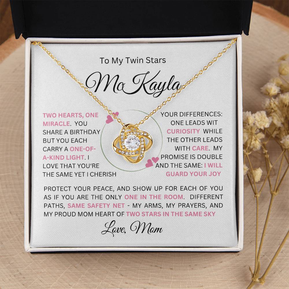 To My Daughter(s) — Beautiful Love Knot Necklace & PERSONALIZED Heartwarming Message from Mom (Only, First-Born, Second, Third, Fourth, Fifth, or Twins)