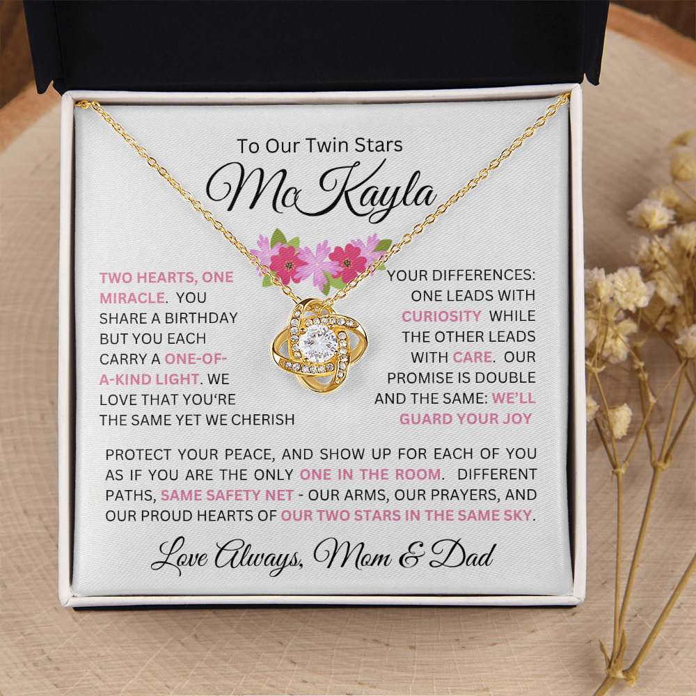 To Our Daughter(s) — Beautiful Love Knot Necklace & PERSONALIZED Heartwarming Message from Mom & Dad (Only, First-Born, Second, Third, Fourth, Fifth, or Twins)