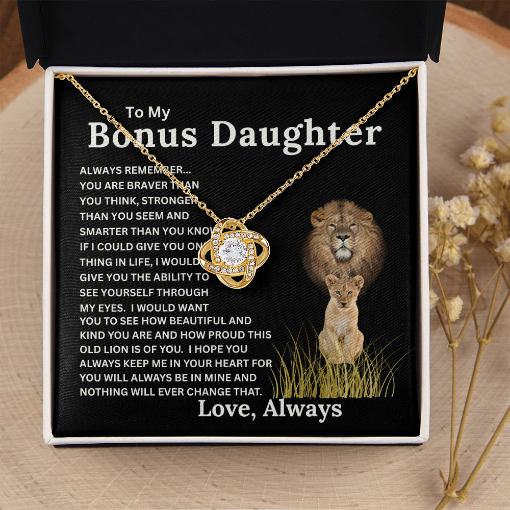 Bonus Daughter Love Knot Necklace with Sentimental Message Card Gift from Bonus Dad to Stepdaughter