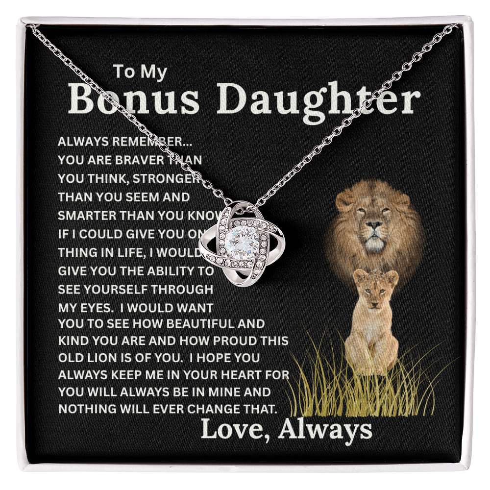 Bonus Daughter Love Knot Necklace with Sentimental Message Card Gift from Bonus Dad to Stepdaughter