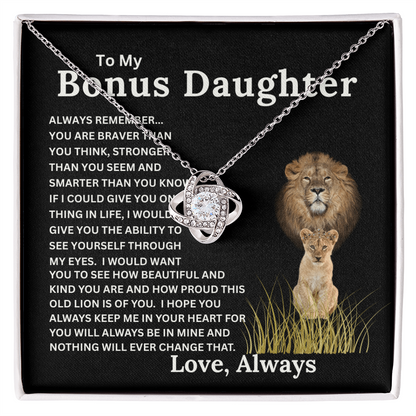 Bonus Daughter Love Knot Necklace with Sentimental Message Card Gift from Bonus Dad to Stepdaughter