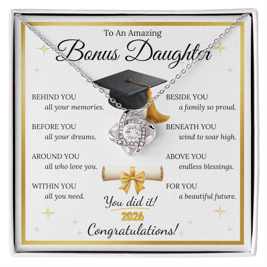 Graduation Gift for Bonus Daughter – Love Knot Necklace with Inspirational Message Card | Class of 2026