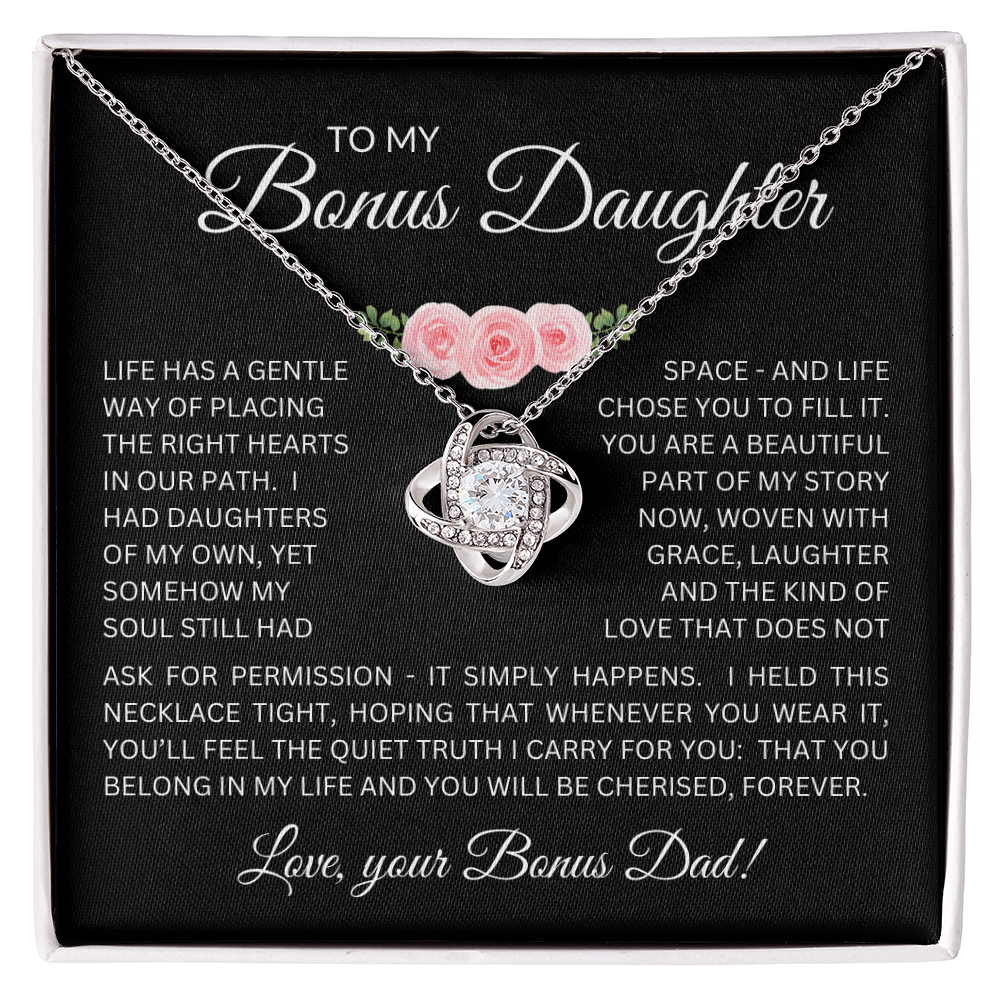 Bonus Daughter Love Knot Necklace from Bonus Dad – Poetic Message Card Gift for Stepdaughter