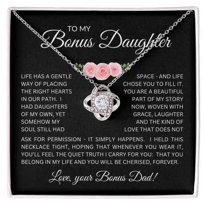 Bonus Daughter Love Knot Necklace from Bonus Dad – Poetic Message Card Gift for Stepdaughter