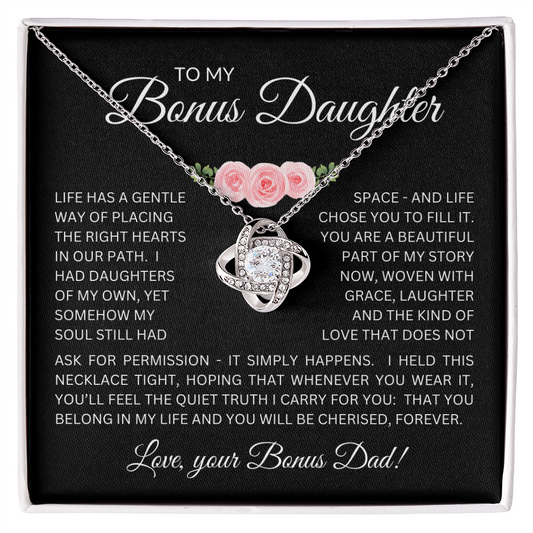 Bonus Daughter Love Knot Necklace from Bonus Dad – Poetic Message Card Gift for Stepdaughter