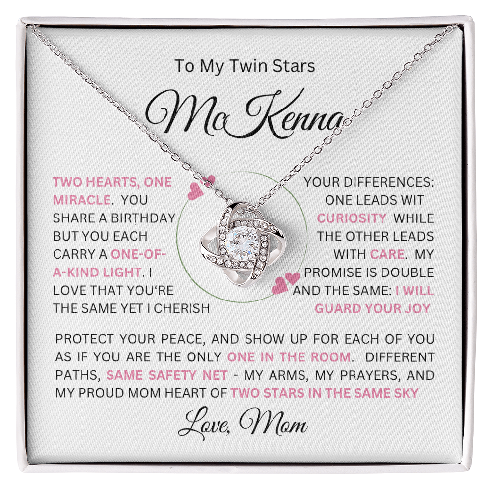 To My Daughter(s) — Beautiful Love Knot Necklace & PERSONALIZED Heartwarming Message from Mom (Only, First-Born, Second, Third, Fourth, Fifth, or Twins)