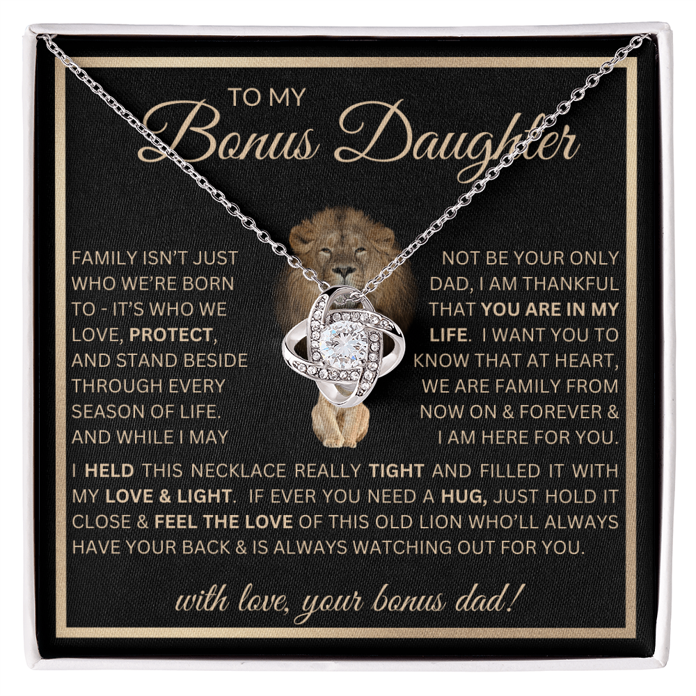 “To My Bonus Daughter” Love Knot Necklace Poetic Gift from Bonus Dad to Stepdaughter