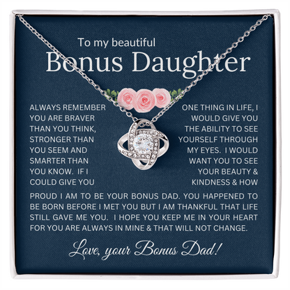 Love Knot Necklace Infinite Love for Bonus Daughter Gift with Heartfelt Message from Bonus Dad to Stepdaughter