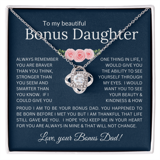 Love Knot Necklace Infinite Love for Bonus Daughter Gift with Heartfelt Message from Bonus Dad to Stepdaughter