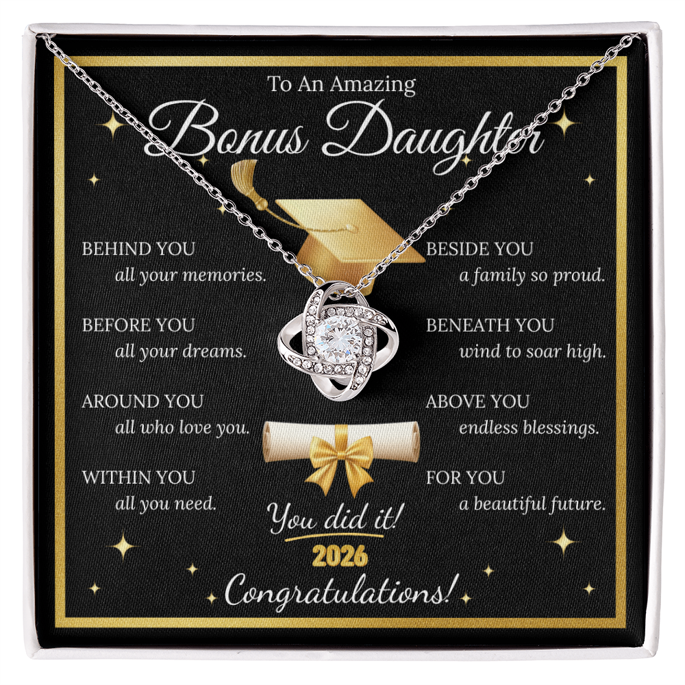 Graduation Gift for Bonus Daughter – Love Knot Necklace with Inspirational Message Card | Class of 2026
