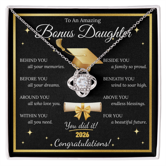Graduation Gift for Bonus Daughter – Love Knot Necklace with Inspirational Message Card | Class of 2026