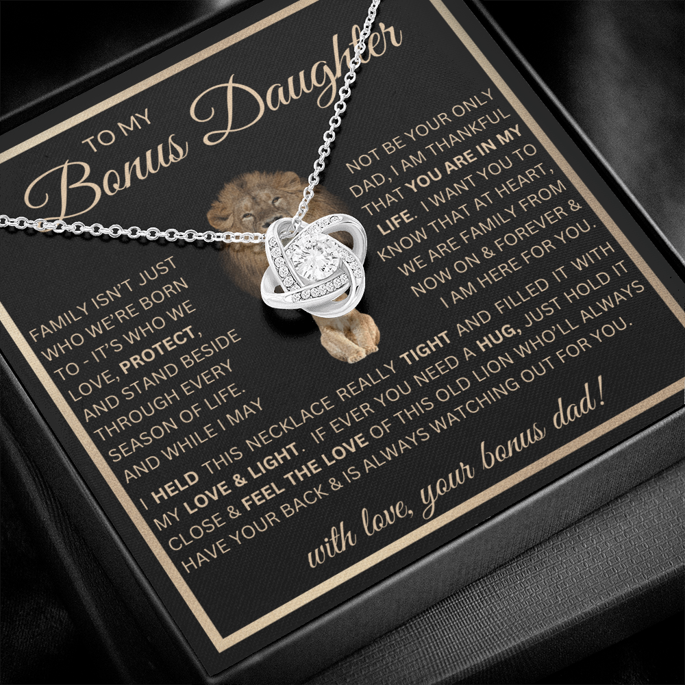 “To My Bonus Daughter” Love Knot Necklace Poetic Gift from Bonus Dad to Stepdaughter