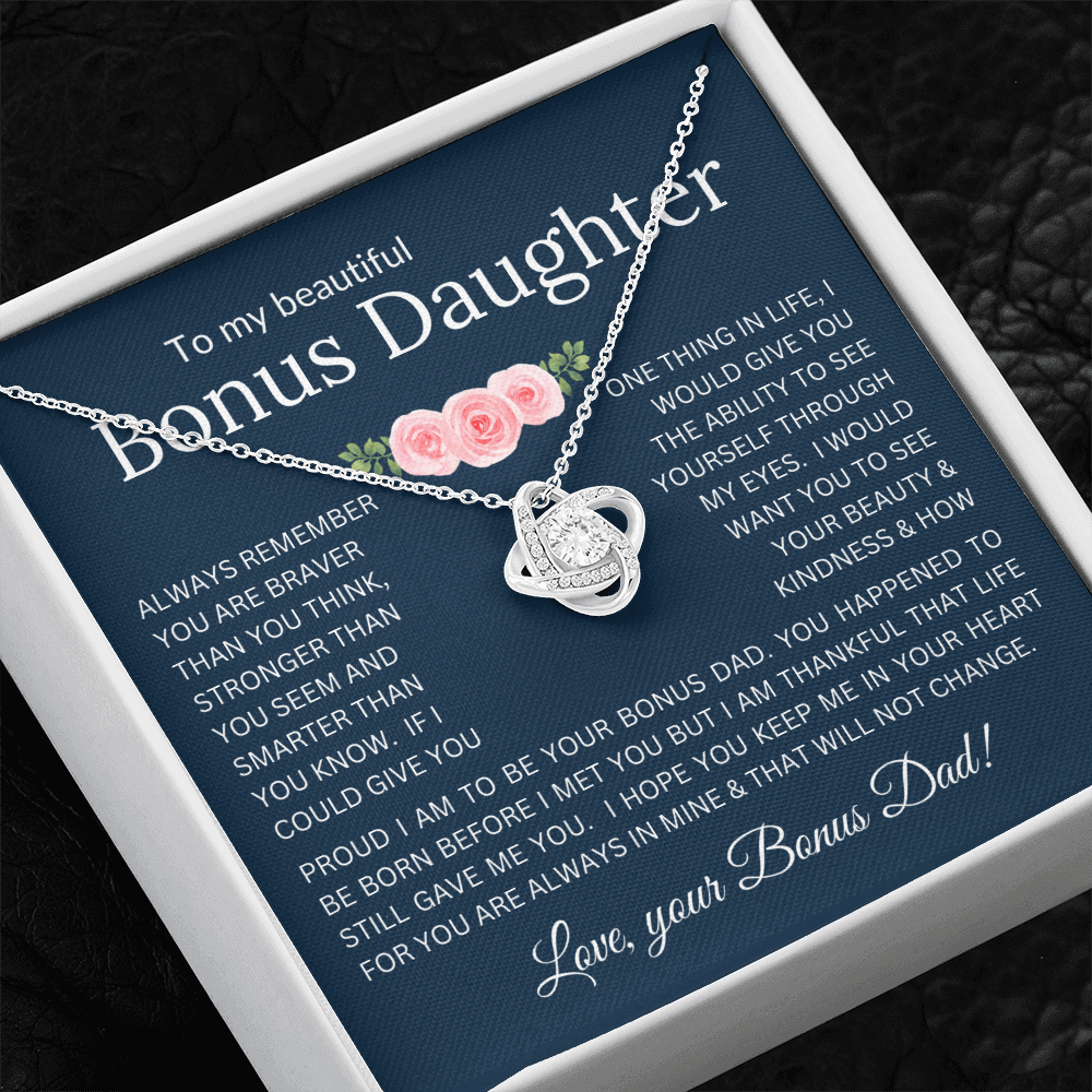 Love Knot Necklace Infinite Love for Bonus Daughter Gift with Heartfelt Message from Bonus Dad to Stepdaughter