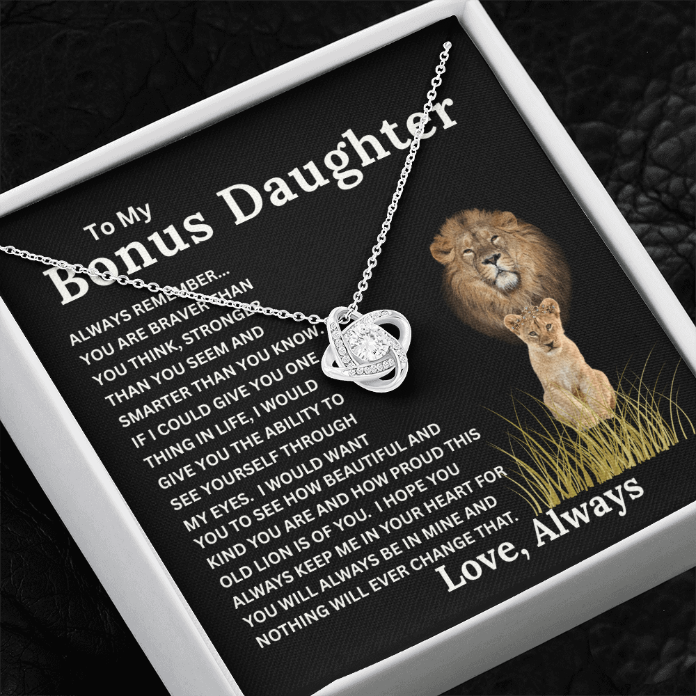 Bonus Daughter Love Knot Necklace with Sentimental Message Card Gift from Bonus Dad to Stepdaughter