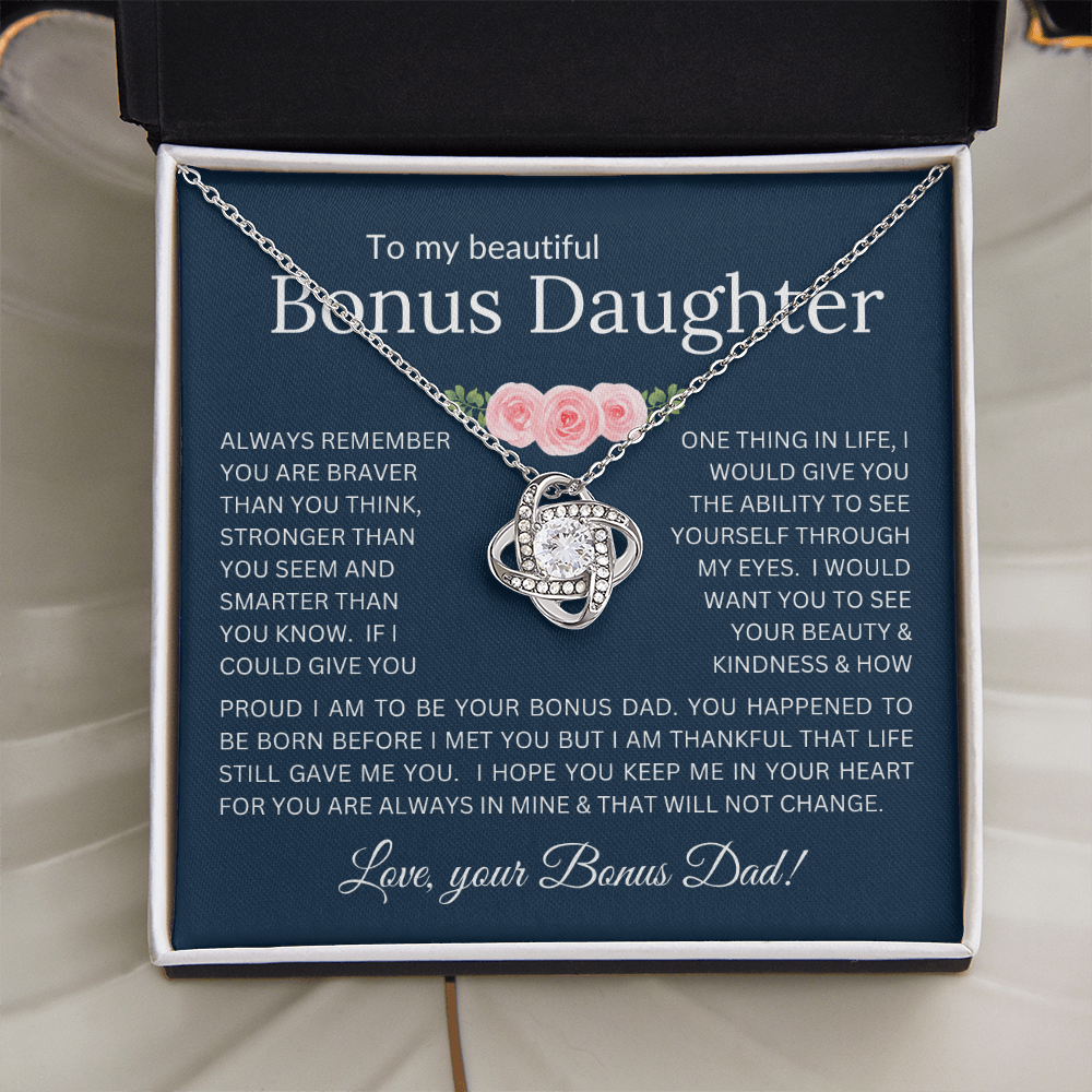 Love Knot Necklace Infinite Love for Bonus Daughter Gift with Heartfelt Message from Bonus Dad to Stepdaughter