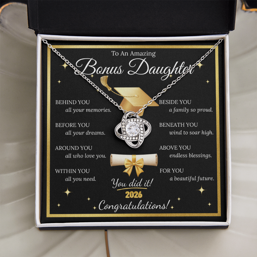 Graduation Gift for Bonus Daughter – Love Knot Necklace with Inspirational Message Card | Class of 2026