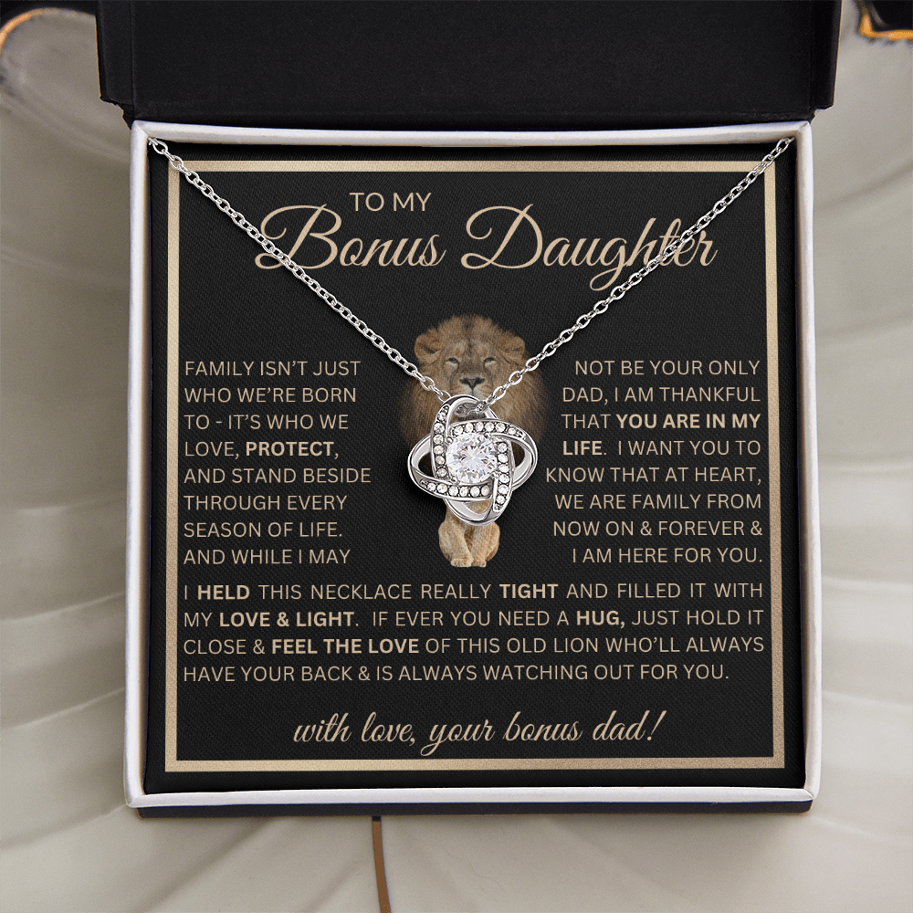 “To My Bonus Daughter” Love Knot Necklace Poetic Gift from Bonus Dad to Stepdaughter