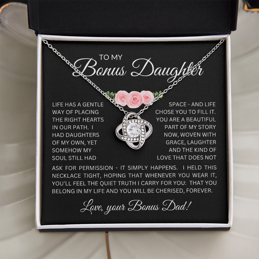 Bonus Daughter Love Knot Necklace from Bonus Dad – Poetic Message Card Gift for Stepdaughter
