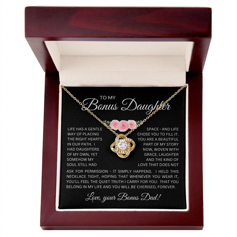 Bonus Daughter Love Knot Necklace from Bonus Dad – Poetic Message Card Gift for Stepdaughter
