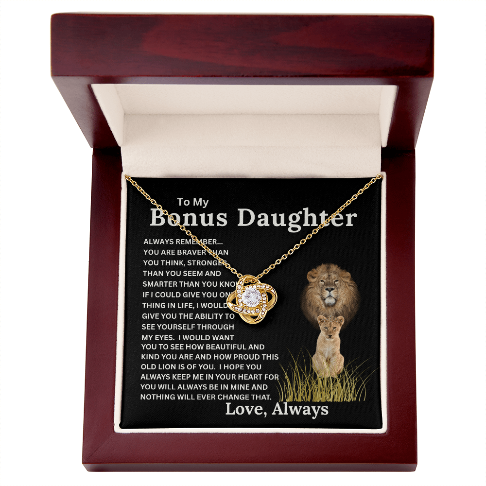 Bonus Daughter Love Knot Necklace with Sentimental Message Card Gift from Bonus Dad to Stepdaughter