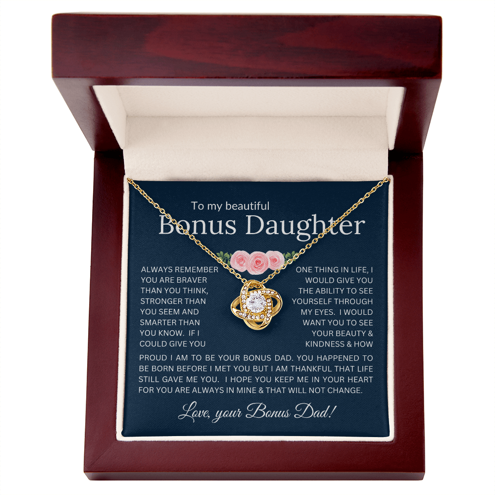 Love Knot Necklace Infinite Love for Bonus Daughter Gift with Heartfelt Message from Bonus Dad to Stepdaughter