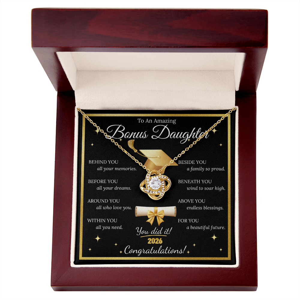Graduation Gift for Bonus Daughter – Love Knot Necklace with Inspirational Message Card | Class of 2026