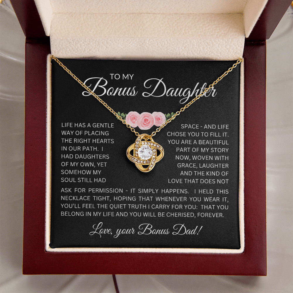 Bonus Daughter Love Knot Necklace from Bonus Dad – Poetic Message Card Gift for Stepdaughter