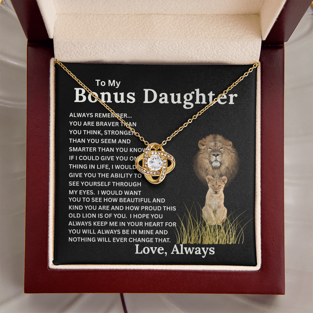 Bonus Daughter Love Knot Necklace with Sentimental Message Card Gift from Bonus Dad to Stepdaughter