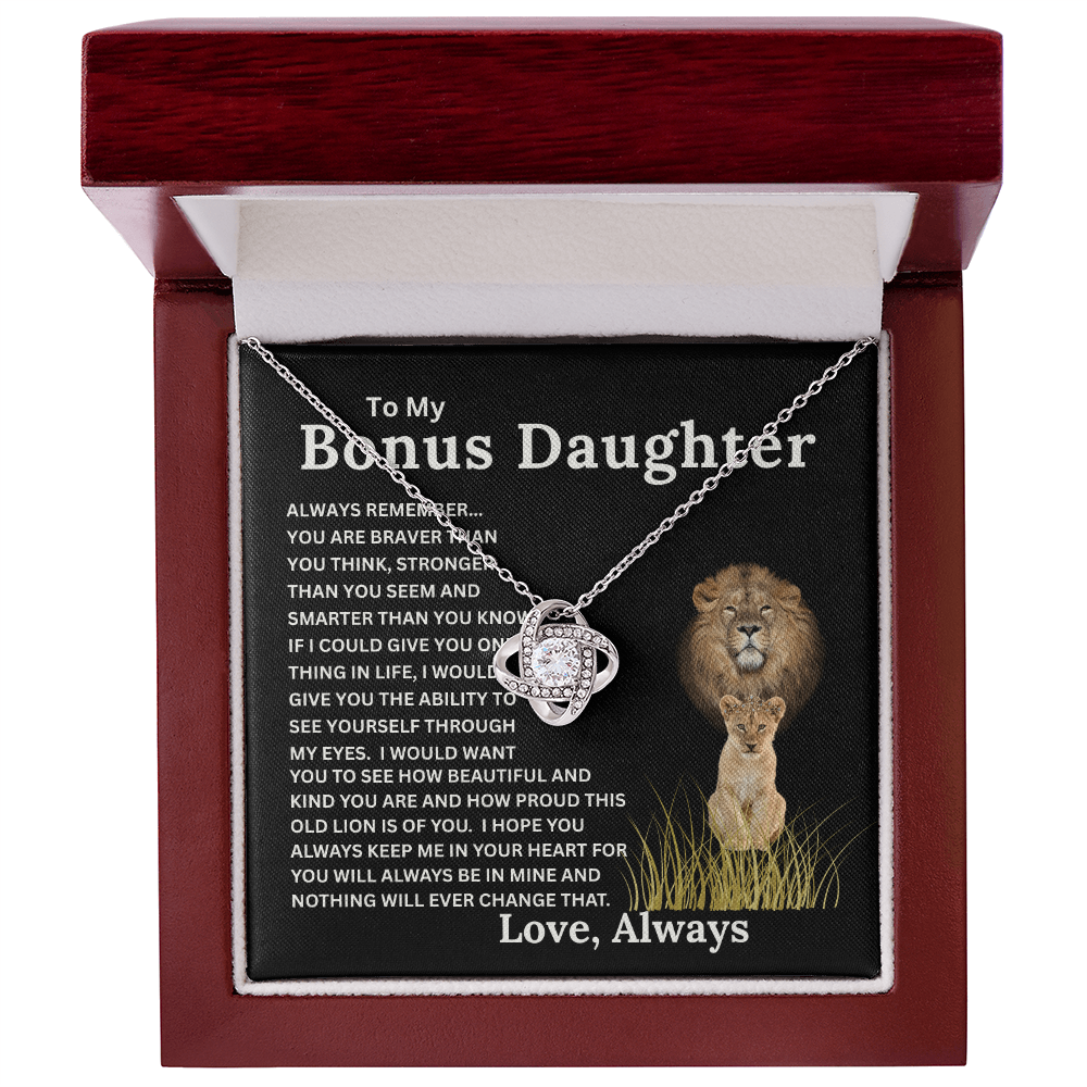 Bonus Daughter Love Knot Necklace with Sentimental Message Card Gift from Bonus Dad to Stepdaughter