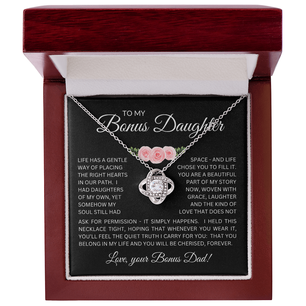 Bonus Daughter Love Knot Necklace from Bonus Dad – Poetic Message Card Gift for Stepdaughter