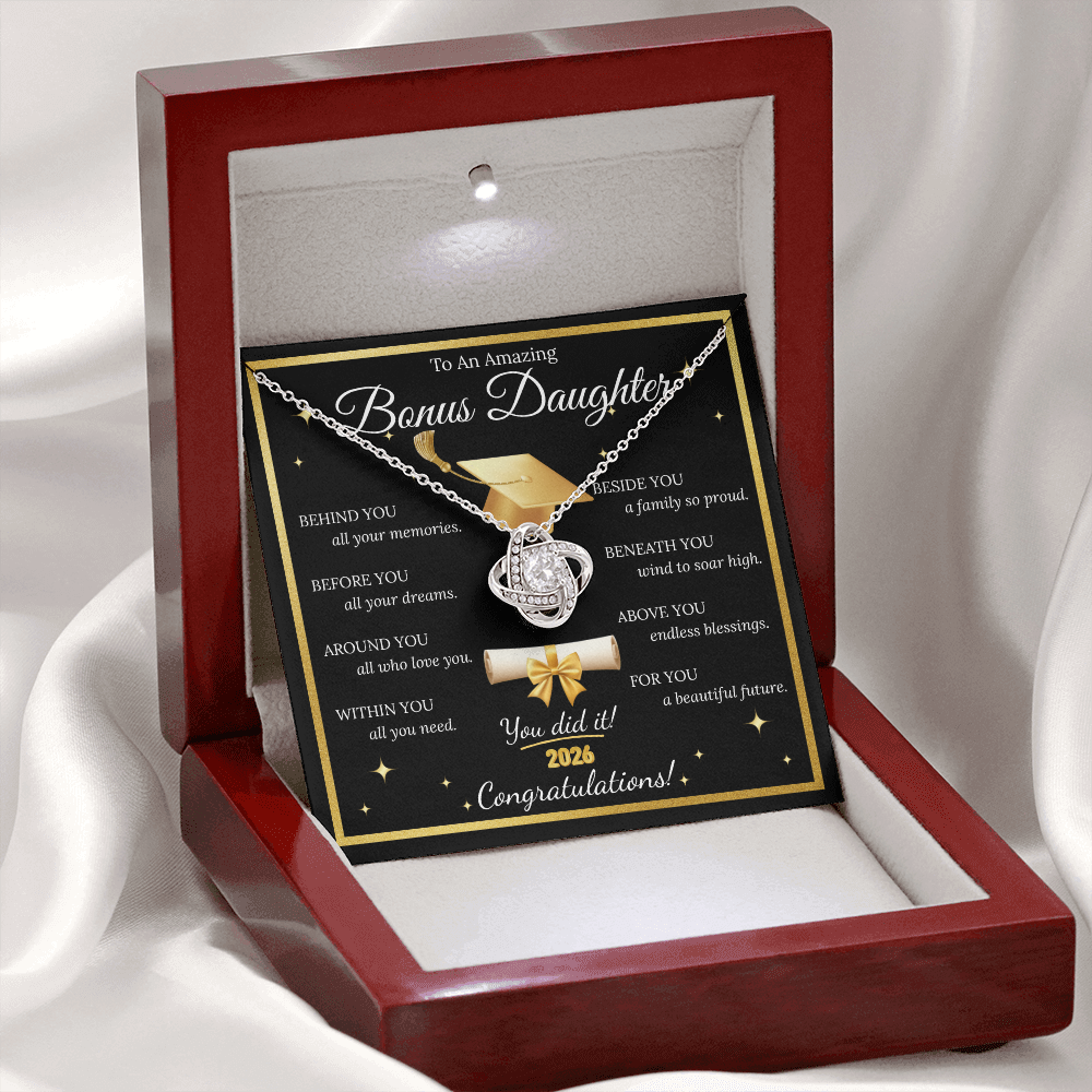 Graduation Gift for Bonus Daughter – Love Knot Necklace with Inspirational Message Card | Class of 2026
