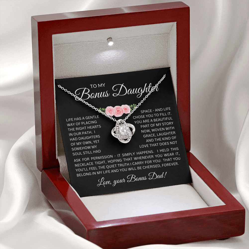 Bonus Daughter Love Knot Necklace from Bonus Dad – Poetic Message Card Gift for Stepdaughter