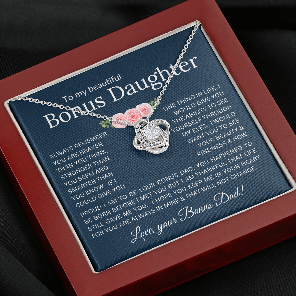 Love Knot Necklace Infinite Love for Bonus Daughter Gift with Heartfelt Message from Bonus Dad to Stepdaughter