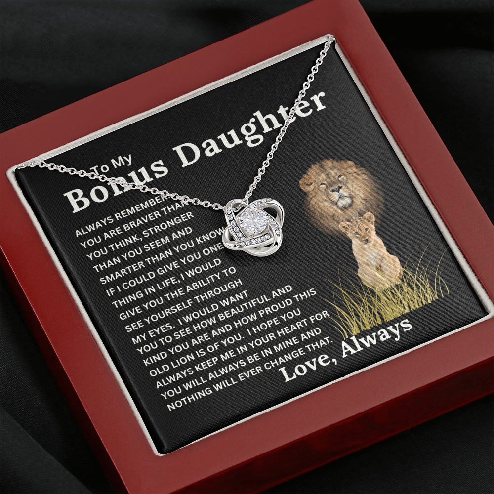Bonus Daughter Love Knot Necklace with Sentimental Message Card Gift from Bonus Dad to Stepdaughter
