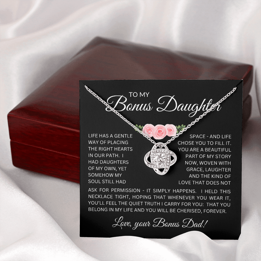 Bonus Daughter Love Knot Necklace from Bonus Dad – Poetic Message Card Gift for Stepdaughter