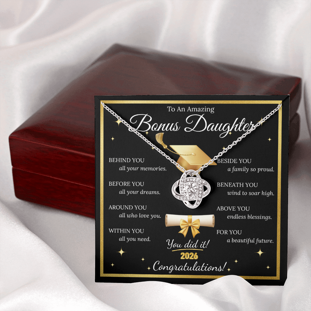 Graduation Gift for Bonus Daughter – Love Knot Necklace with Inspirational Message Card | Class of 2026