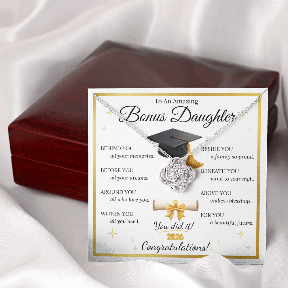 Graduation Gift for Bonus Daughter – Love Knot Necklace with Inspirational Message Card | Class of 2026