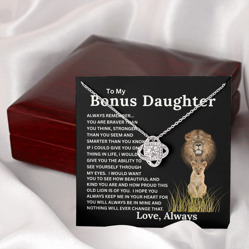 Bonus Daughter Love Knot Necklace with Sentimental Message Card Gift from Bonus Dad to Stepdaughter