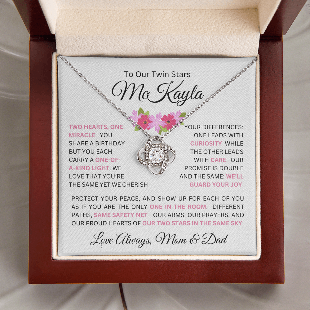 To Our Daughter(s) — Beautiful Love Knot Necklace & PERSONALIZED Heartwarming Message from Mom & Dad (Only, First-Born, Second, Third, Fourth, Fifth, or Twins)