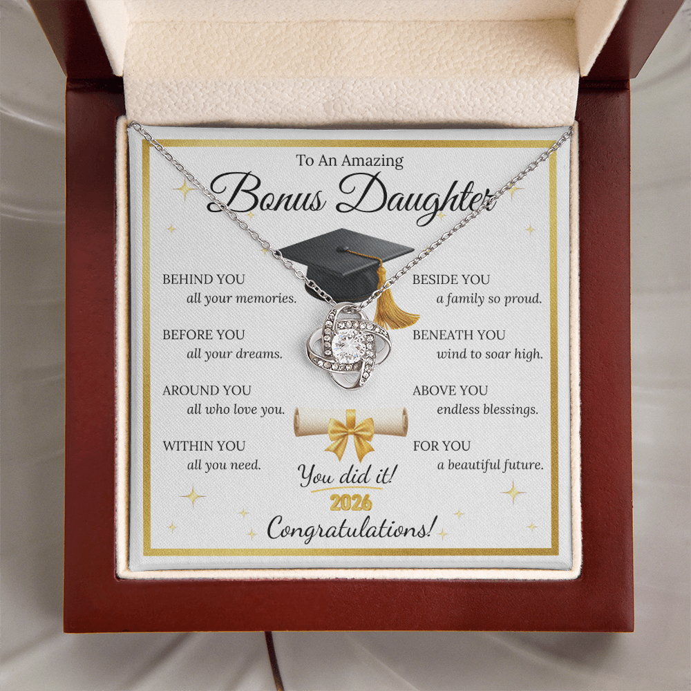 Graduation Gift for Bonus Daughter – Love Knot Necklace with Inspirational Message Card | Class of 2026