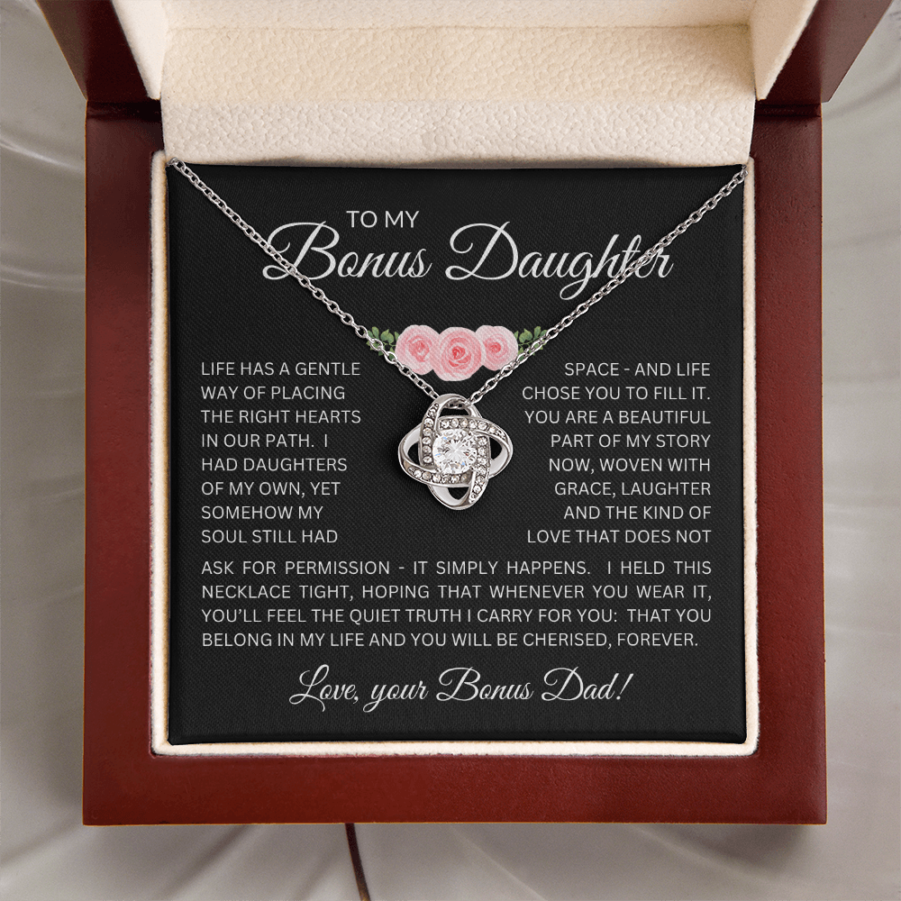 Bonus Daughter Love Knot Necklace from Bonus Dad – Poetic Message Card Gift for Stepdaughter