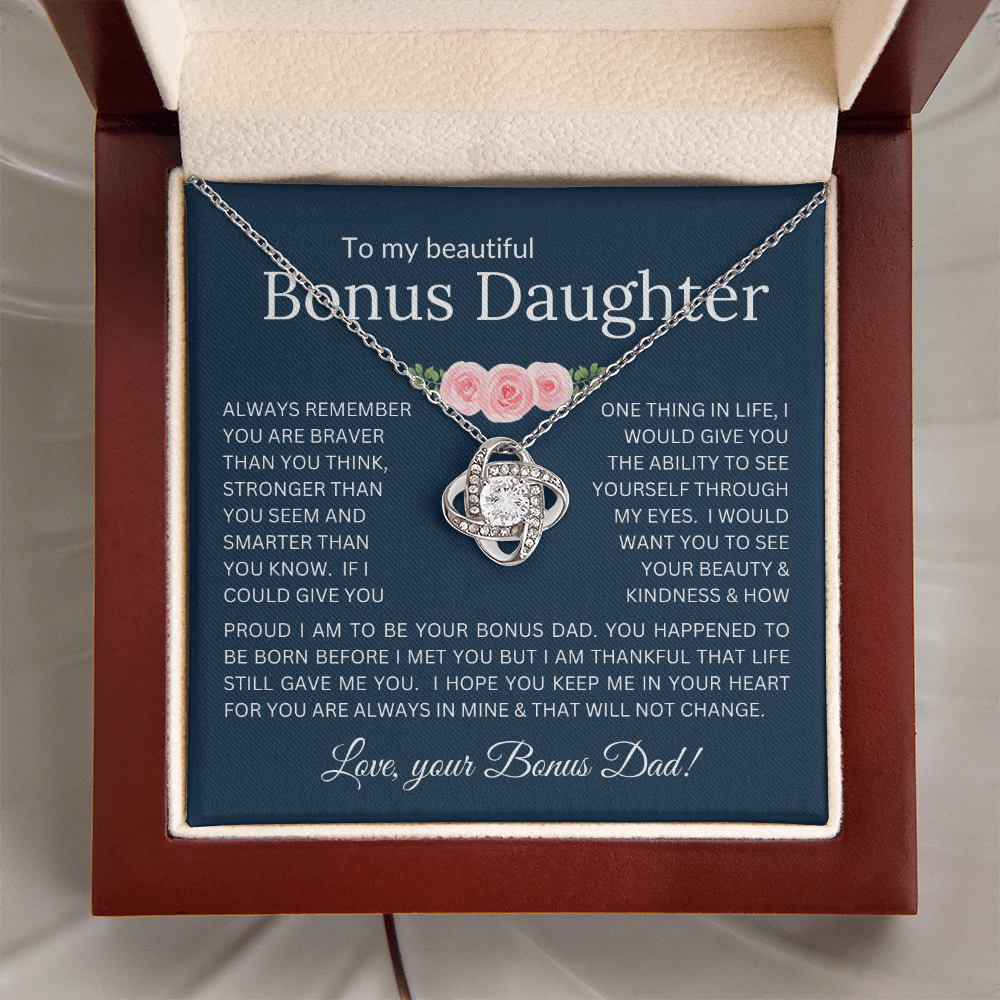 Love Knot Necklace Infinite Love for Bonus Daughter Gift with Heartfelt Message from Bonus Dad to Stepdaughter