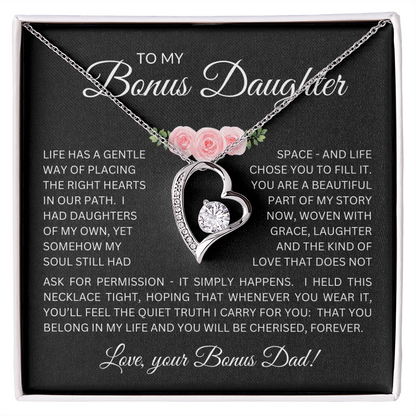 Bonus Daughter Forever Love Necklace from Bonus Dad – Poetic Message Card Gift for Stepdaughter