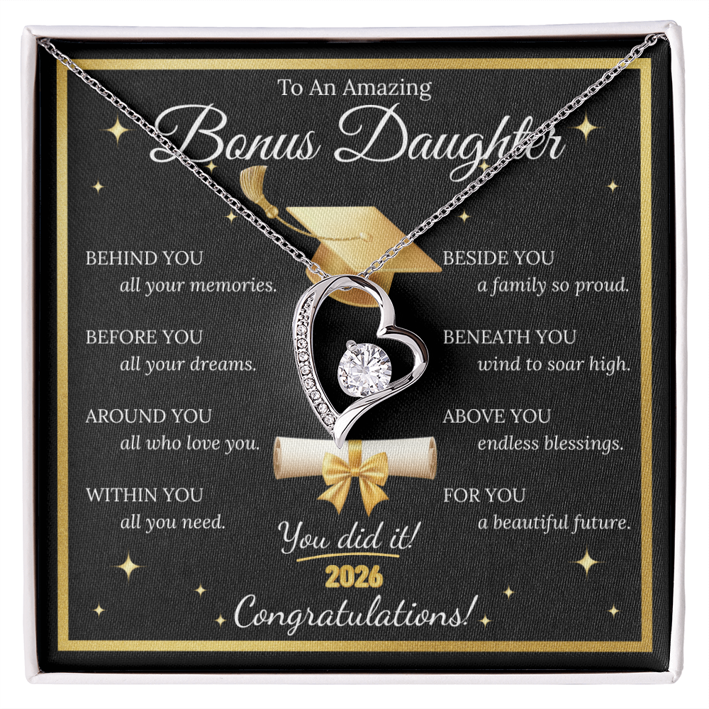 Graduation Gift for Bonus Daughter – Forever Love Necklace with Message Card | Class of 2026 Keepsake