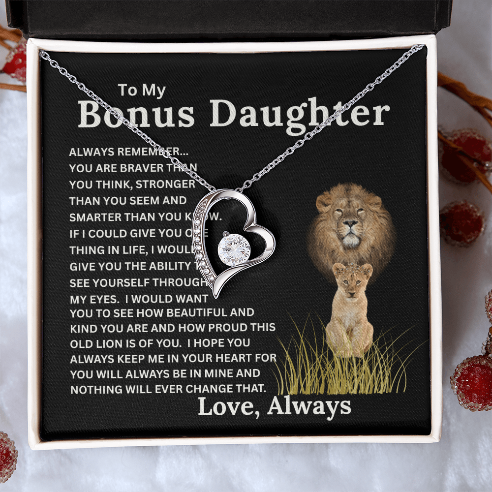 Bonus Daughter Forever Love Necklace with Sentimental Message Card Gift from Bonus Dad to Stepdaughter